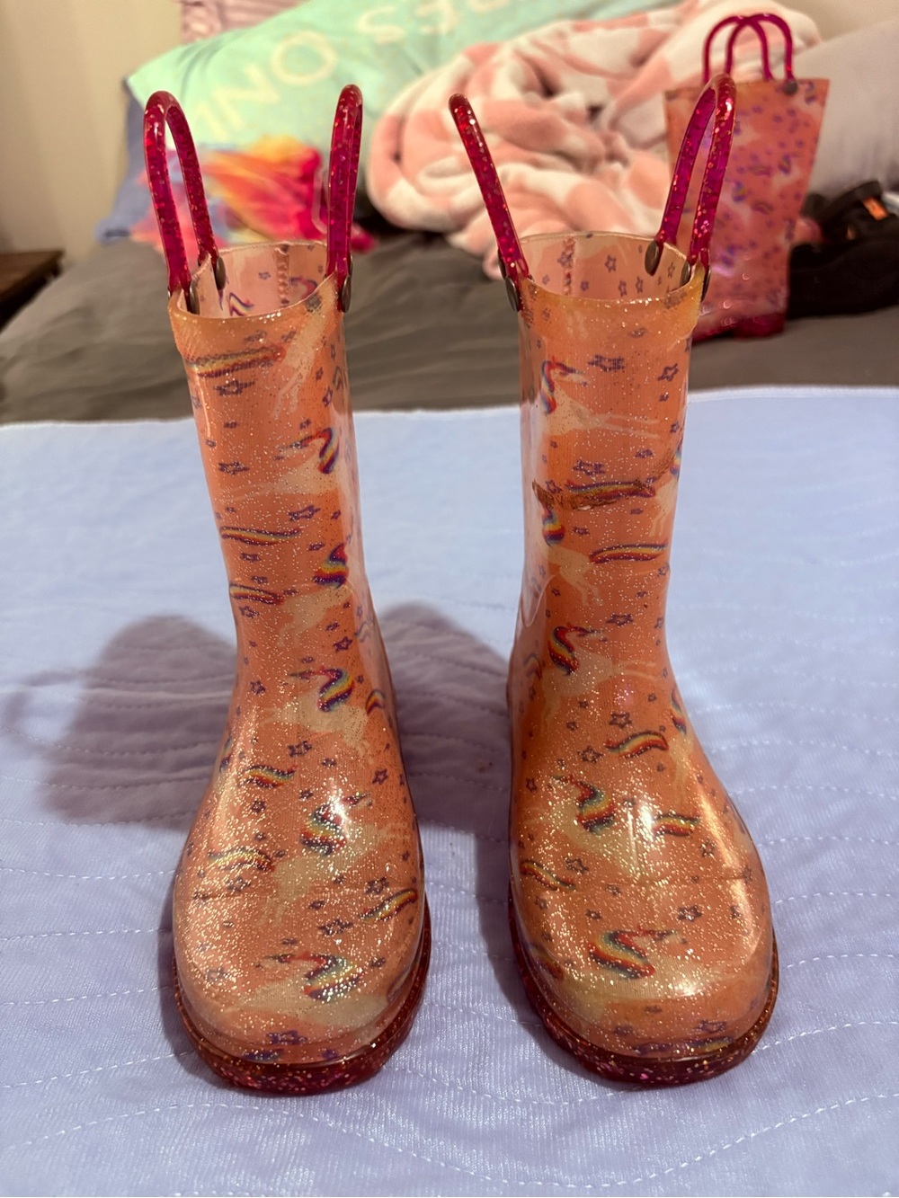 Size 9/10 Kids' Pink Glitter Unicorn 🦄 Boots- ✨Light up✨ Rain, snow, fashion.